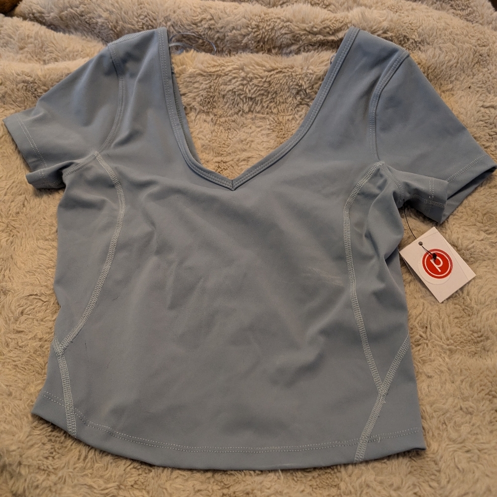 New With Tag's Blue Gray Pure Barre Crop Top Short Sleeve Work Out!